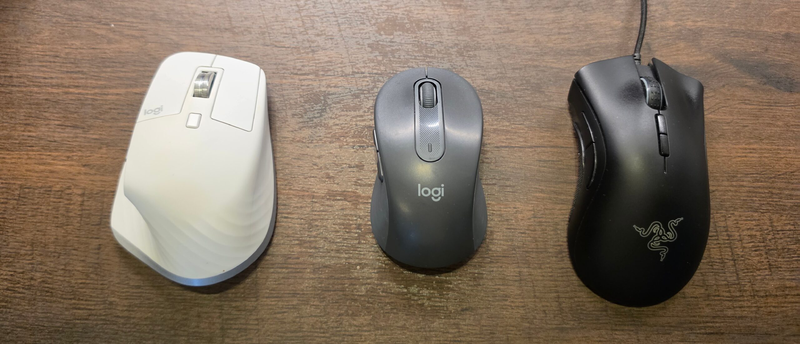 使い分けている3台のマウス。MX Master 3S、M650、DeathAdder Elite