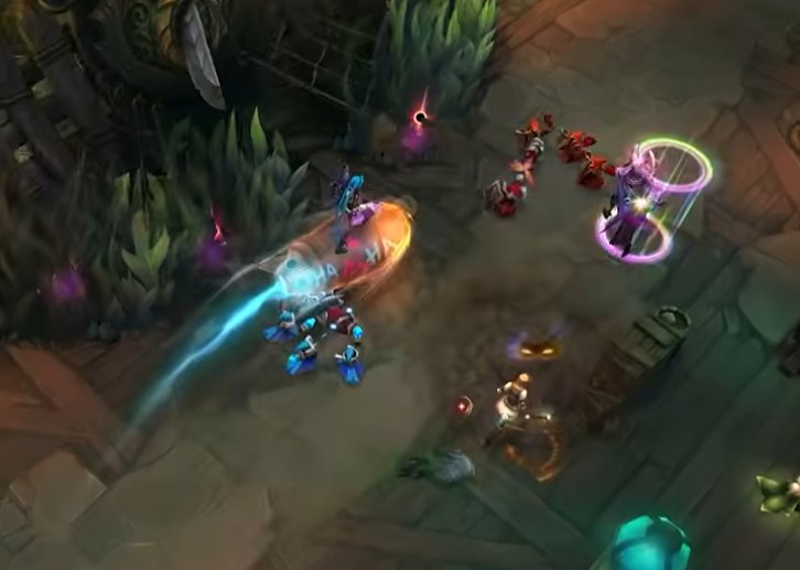 新オーグメント Get Jinxed の映像：チャンピオンがロケットにまたがって「HA HA HA」の軌跡を残しながら突っ込んでいる場面