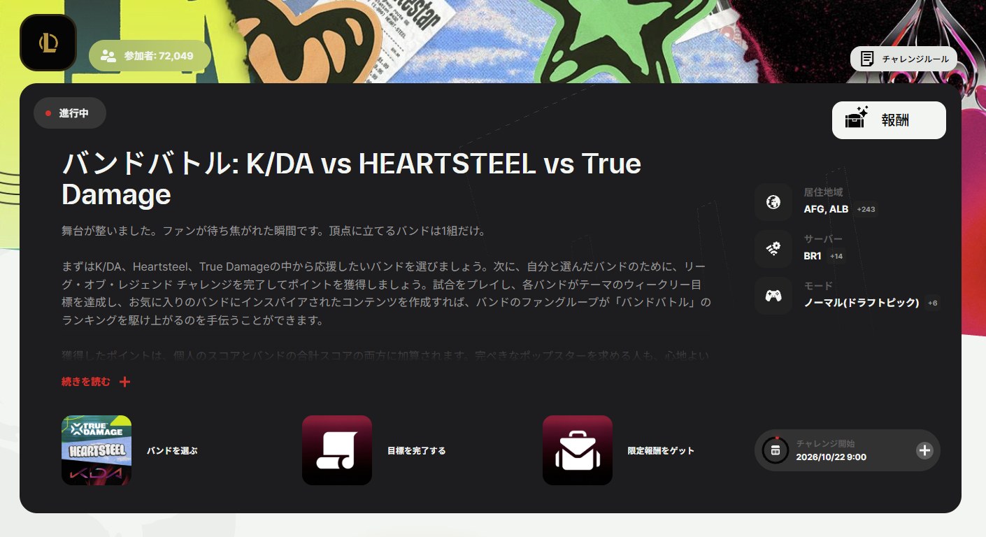 FTWのバンドバトルのページ上部。期間・対象サーバー・対象モードが表示されている