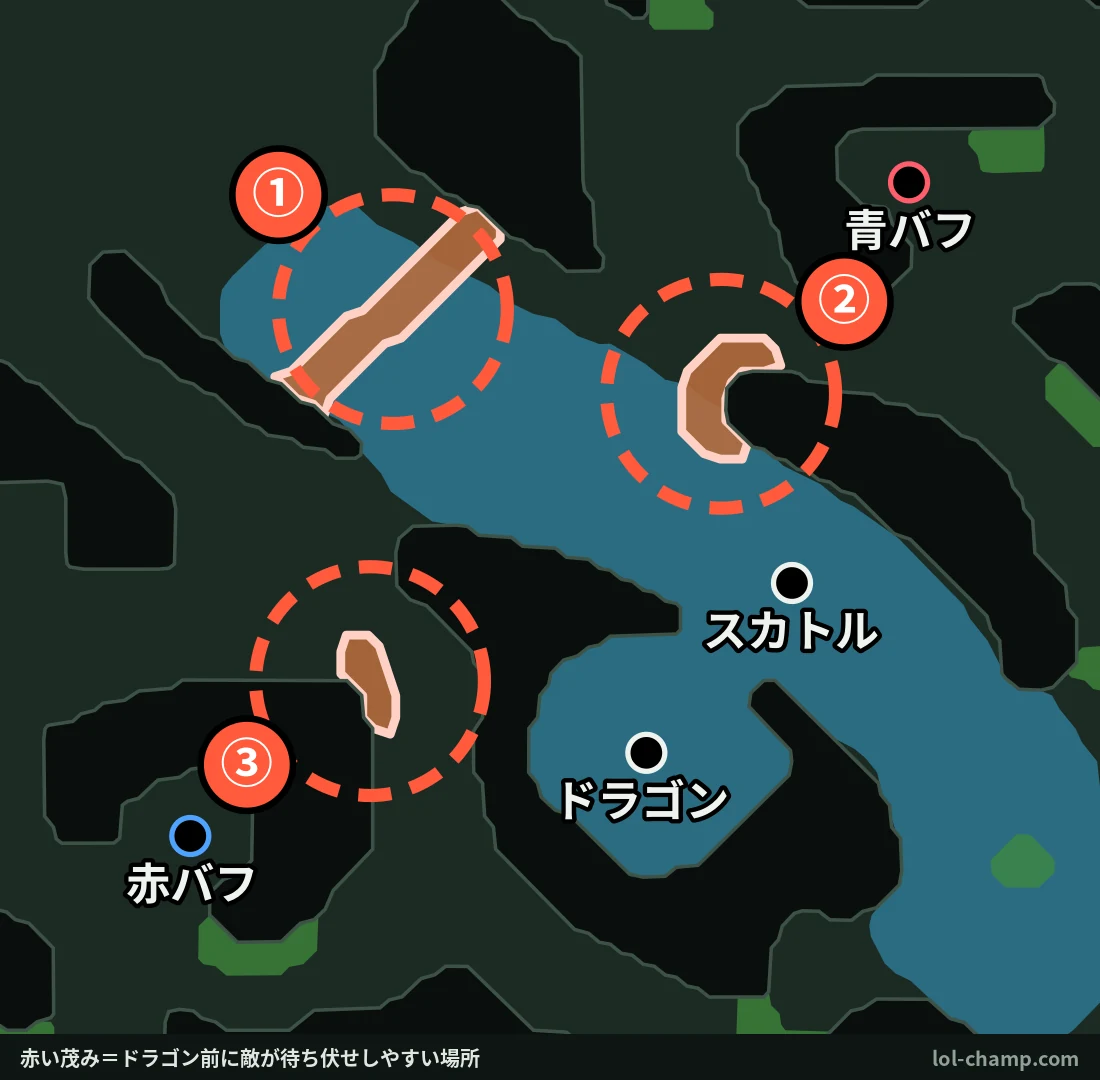 ドラゴンピット周りで敵が待ち伏せしやすい3つの茂みを示したマップ